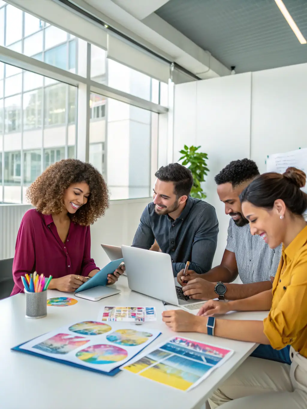 A professional photograph of a diverse team collaborating in a modern office setting, brainstorming AI visibility strategies for a B2B client.