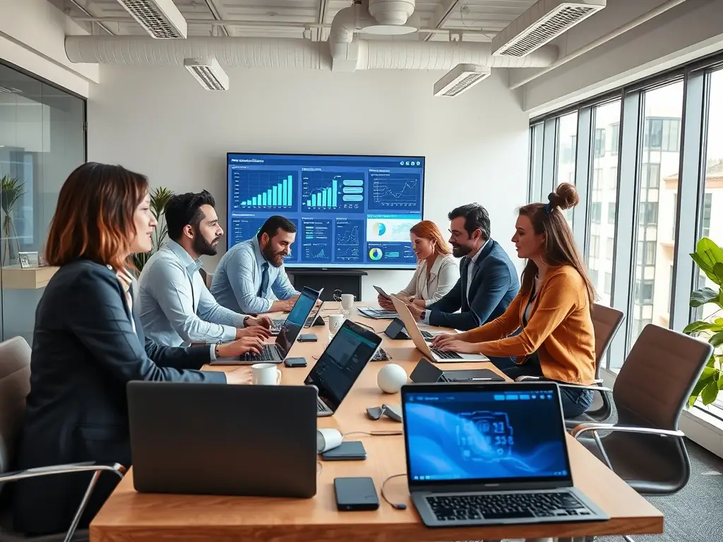 A professional, eye-level shot of a modern office space with employees collaborating around a table, overlaid with a subtle graphic representing AI connections and data flow, symbolizing the collaborative and data-driven approach of AIVisible's AVO™ service.